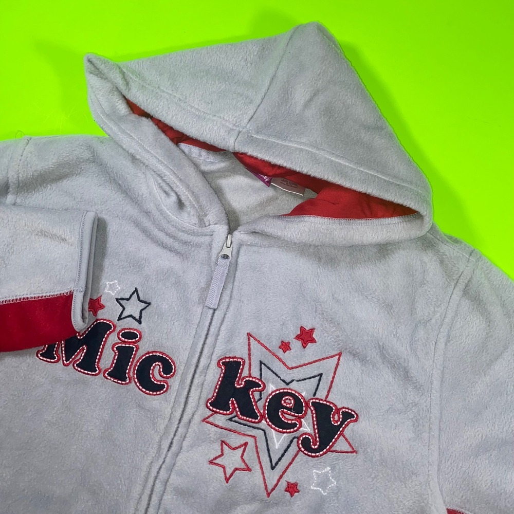 Vintage Disney Mickey Mouse Fleece Zip Up Hoodie Gray‎ Red Stars Character